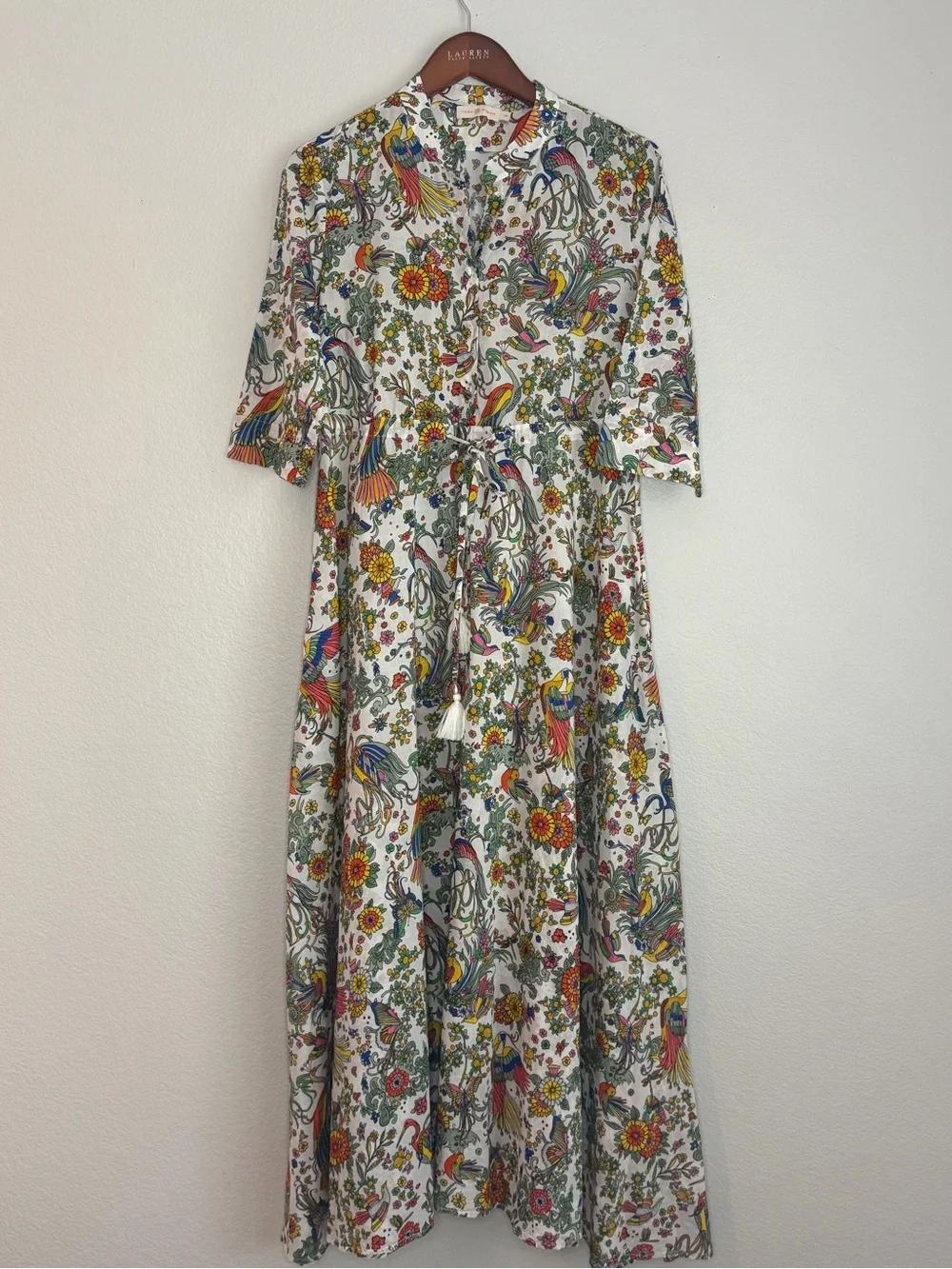 Tory Burch Promised Land Cotton Maxi Shirt Dress Pockets | S Bird Floral Print